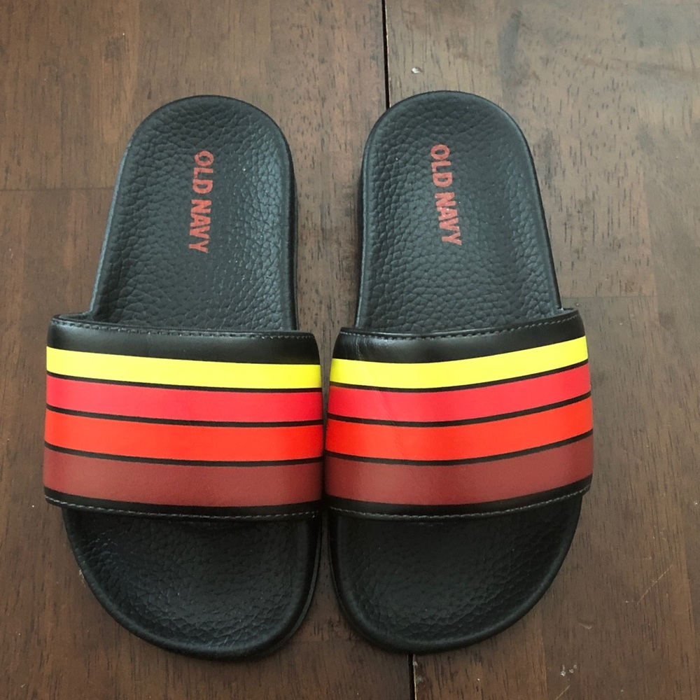 Old Navy Slide Sandals with Red and Yellow Stripe Accents